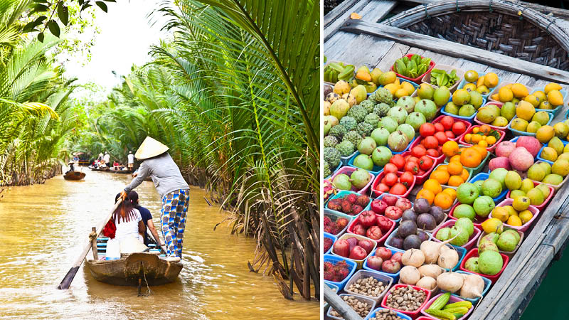 Vietnameser på floden i mekong och grönsaker på marknad, Vietnam.